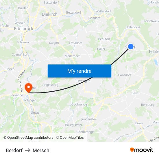 Berdorf to Mersch map