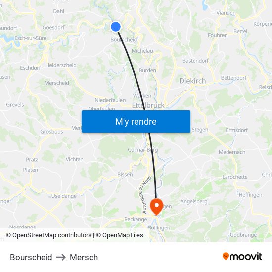 Bourscheid to Mersch map