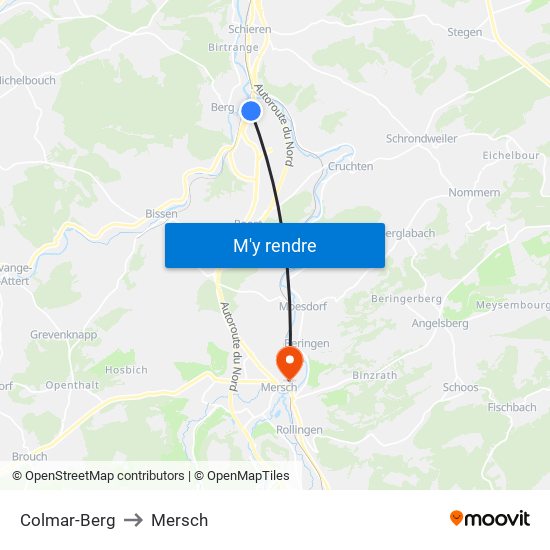 Colmar-Berg to Mersch map