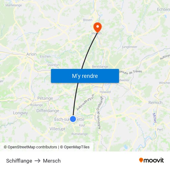 Schifflange to Mersch map