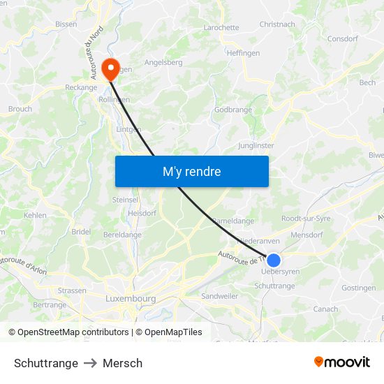 Schuttrange to Mersch map