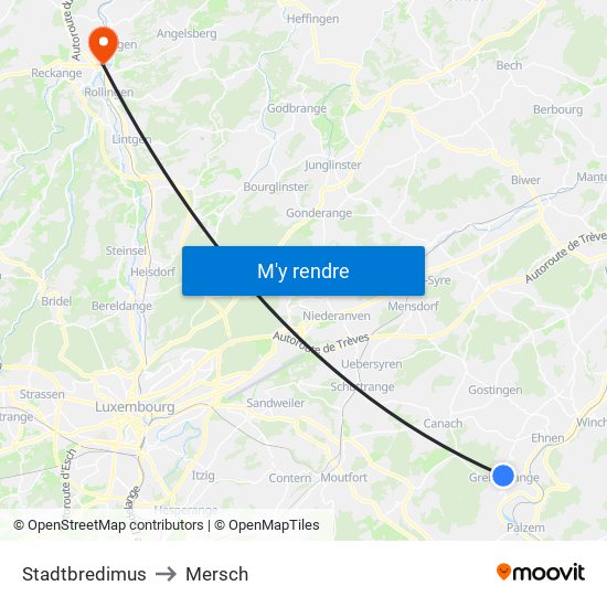 Stadtbredimus to Mersch map