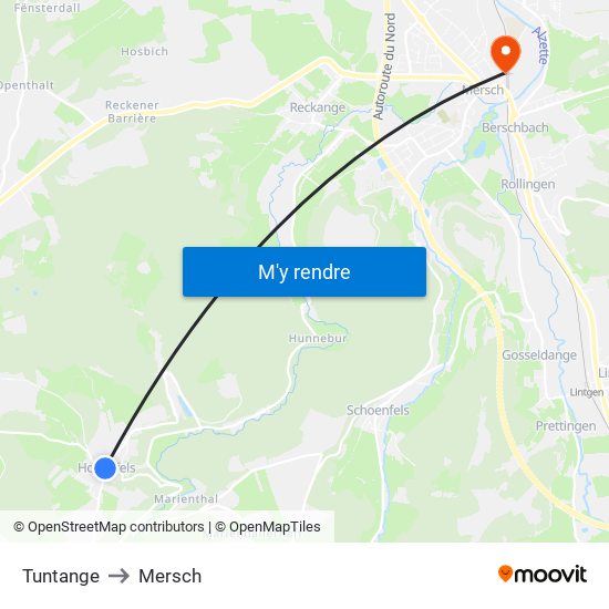 Tuntange to Mersch map