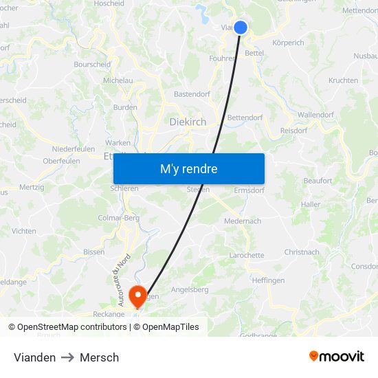 Vianden to Mersch map