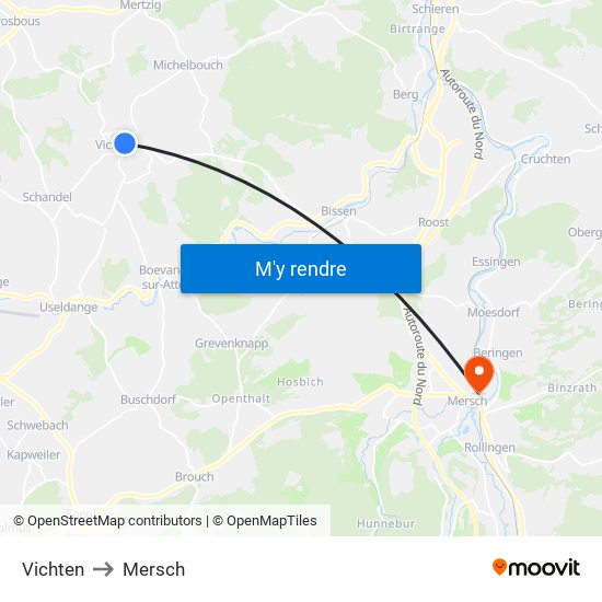 Vichten to Mersch map