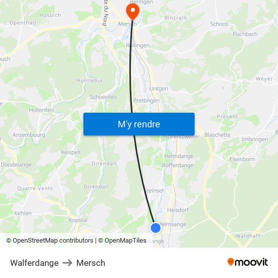 Walferdange to Mersch map