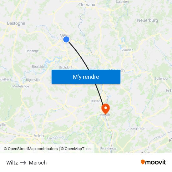 Wiltz to Mersch map