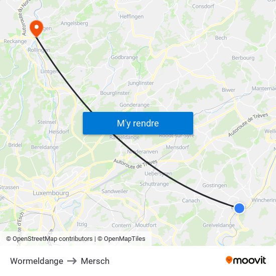 Wormeldange to Mersch map