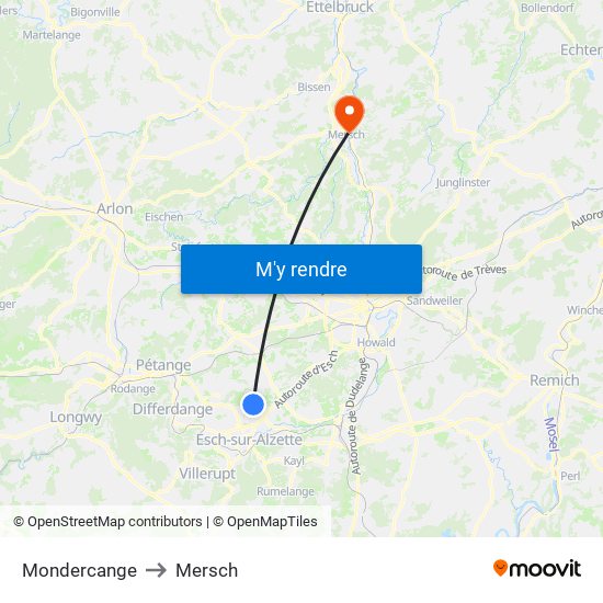 Mondercange to Mersch map