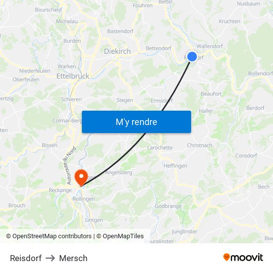 Reisdorf to Mersch map