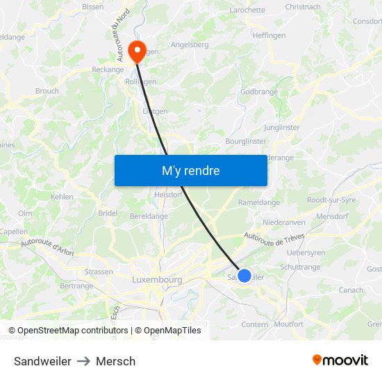 Sandweiler to Mersch map