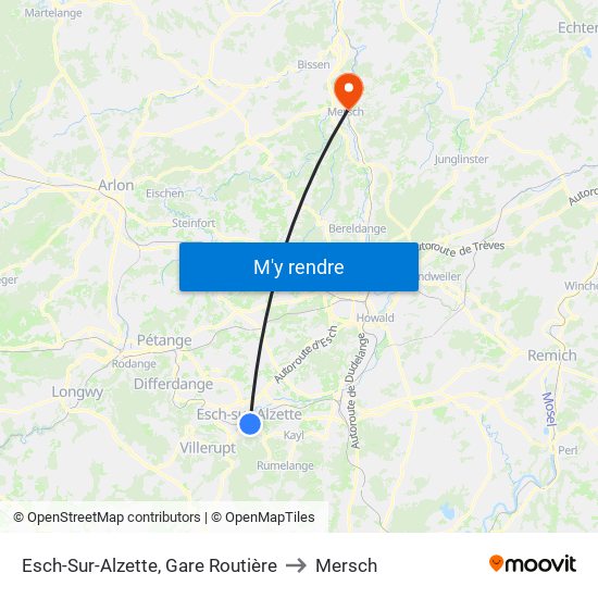 Esch-Sur-Alzette, Gare Routière to Mersch map
