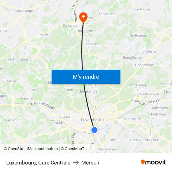 Luxembourg, Gare Centrale to Mersch map