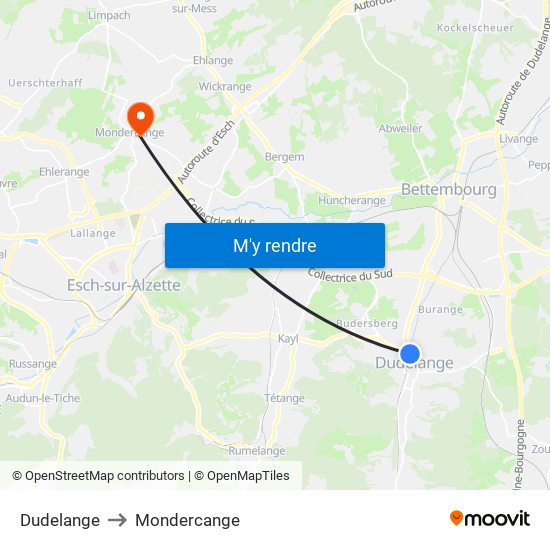 Dudelange to Mondercange map