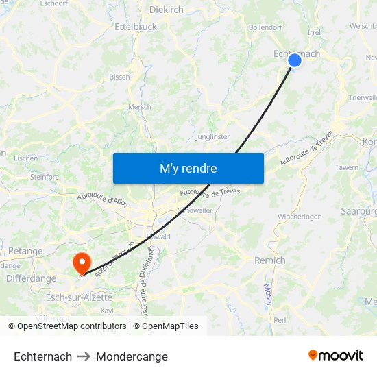 Echternach to Mondercange map