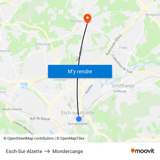 Esch-Sur-Alzette to Mondercange map