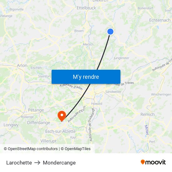 Larochette to Mondercange map