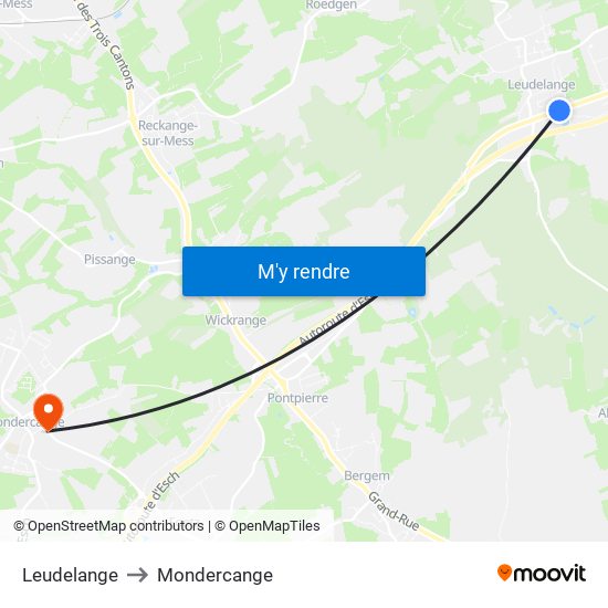 Leudelange to Mondercange map