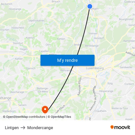 Lintgen to Mondercange map