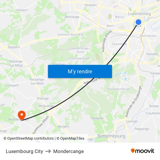 Luxembourg City to Mondercange map