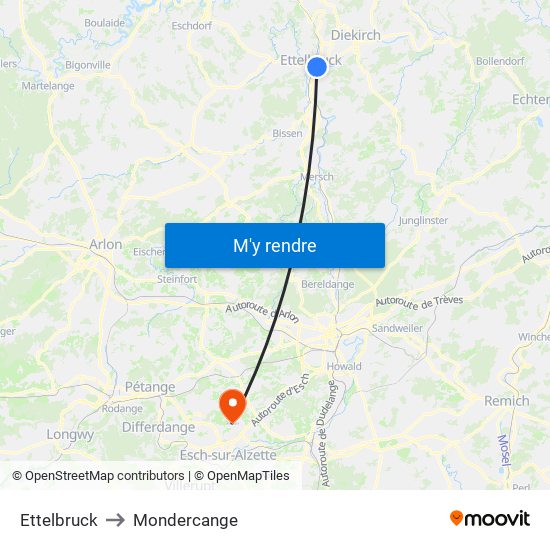 Ettelbruck to Mondercange map