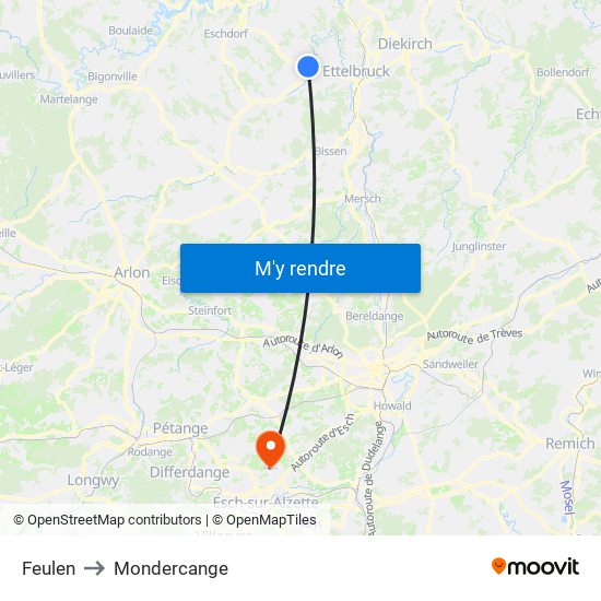 Feulen to Mondercange map