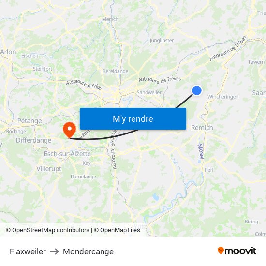 Flaxweiler to Mondercange map