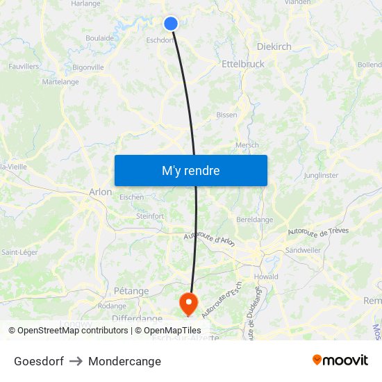 Goesdorf to Mondercange map