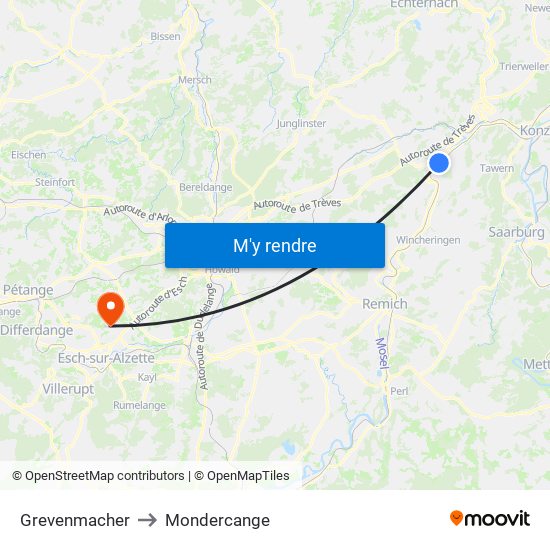 Grevenmacher to Mondercange map