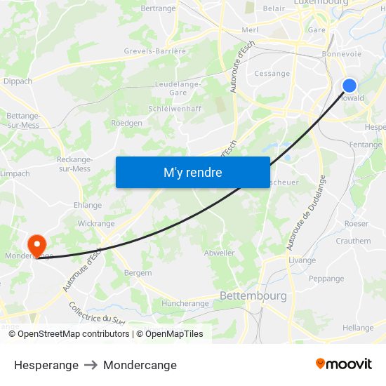 Hesperange to Mondercange map