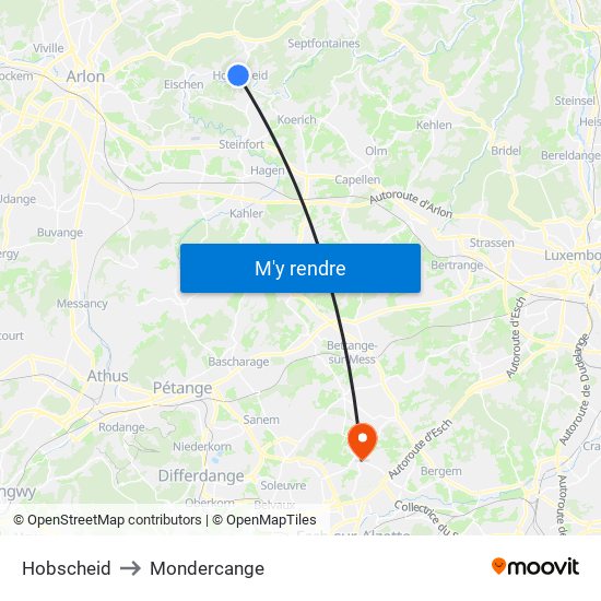 Hobscheid to Mondercange map