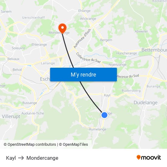 Kayl to Mondercange map
