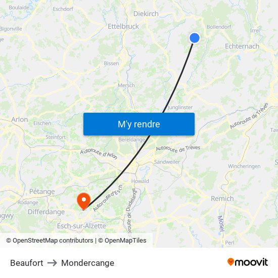 Beaufort to Mondercange map