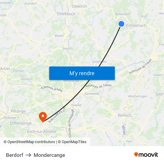 Berdorf to Mondercange map