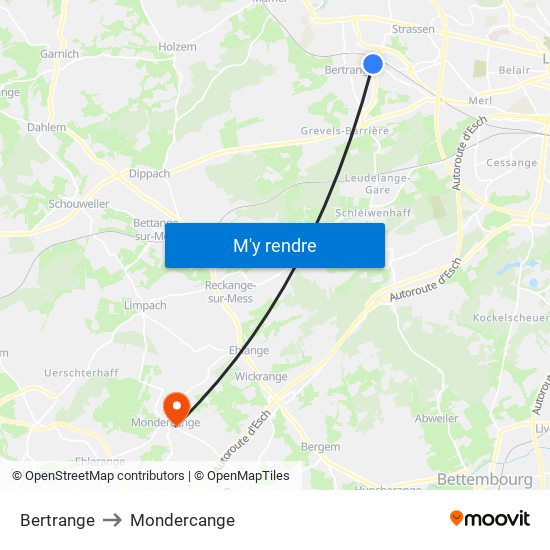 Bertrange to Mondercange map