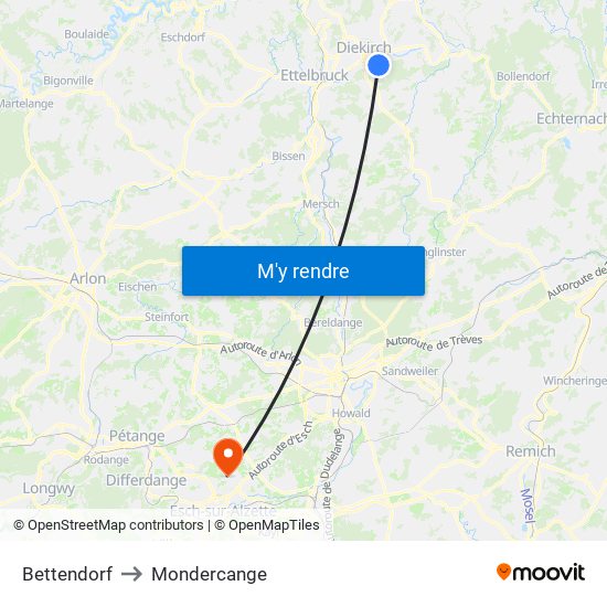 Bettendorf to Mondercange map