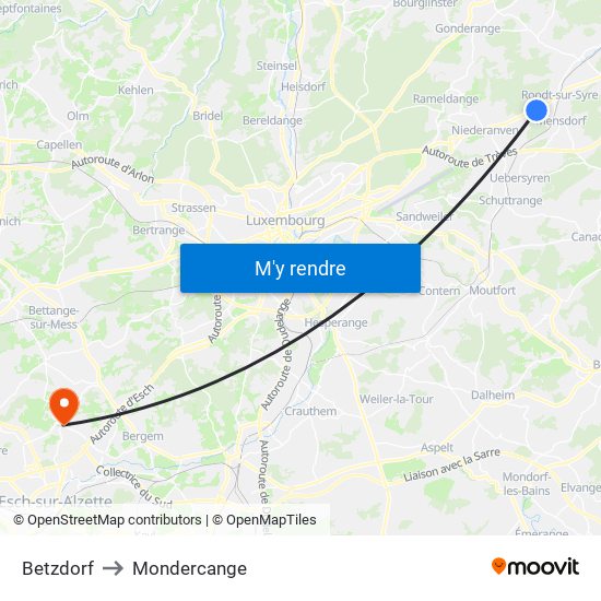 Betzdorf to Mondercange map