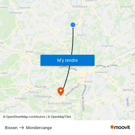 Bissen to Mondercange map