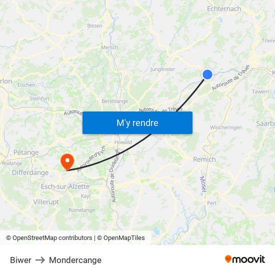 Biwer to Mondercange map