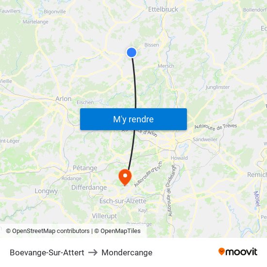 Boevange-Sur-Attert to Mondercange map