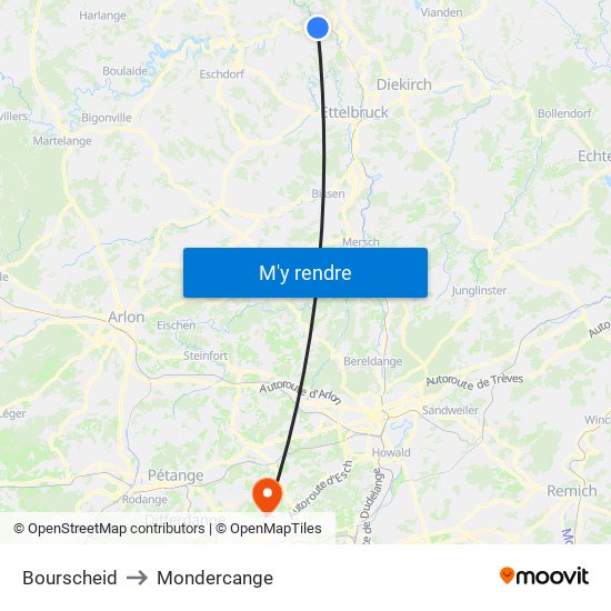 Bourscheid to Mondercange map