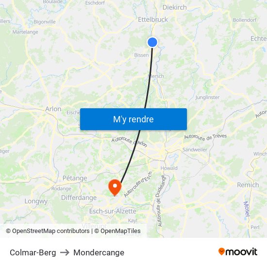 Colmar-Berg to Mondercange map