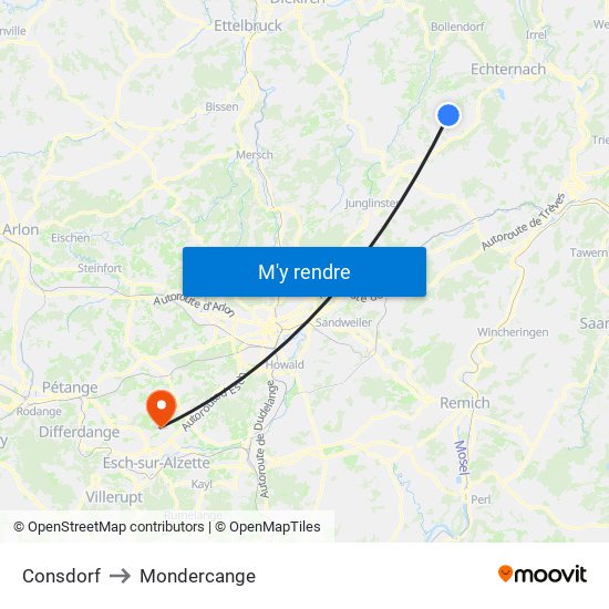 Consdorf to Mondercange map