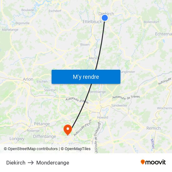Diekirch to Mondercange map