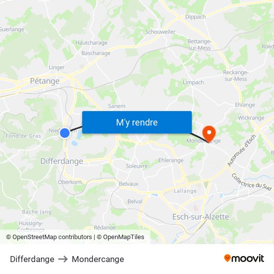 Differdange to Mondercange map