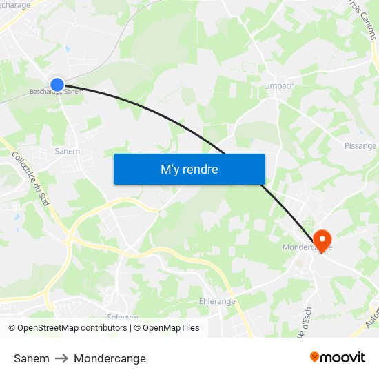 Sanem to Mondercange map