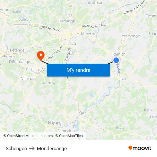 Schengen to Mondercange map