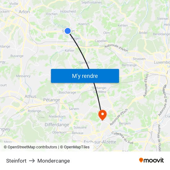 Steinfort to Mondercange map