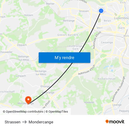 Strassen to Mondercange map