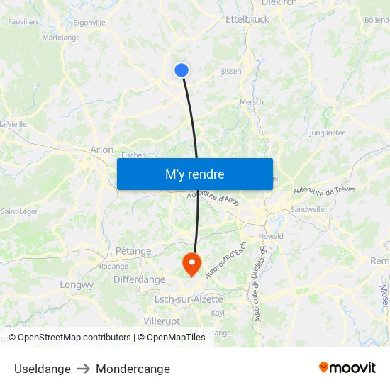 Useldange to Mondercange map